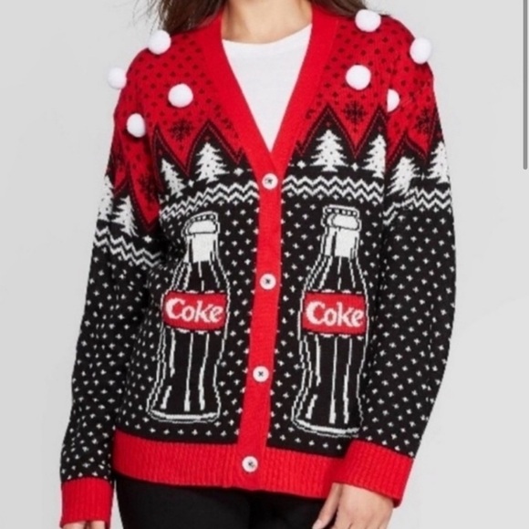 Coca Cola Sweaters - Coca Cola Coke Christmas Holiday Cardigan Ugly Christmas Sweater sz M Xmas party